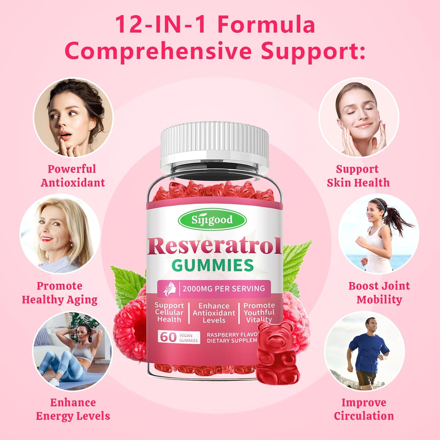 Women's Raspberry Flavored Resveratrol Gummies - Sugar Free, Vegan Antioxidant Supplement for Cellular Health and Vitality - 60 Count