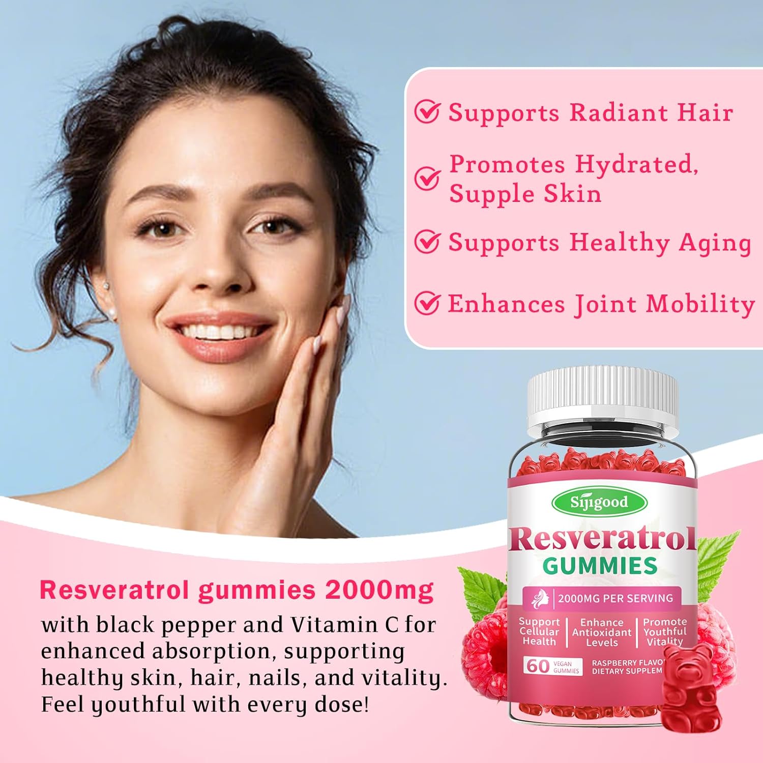 Women's Raspberry Flavored Resveratrol Gummies - Sugar Free, Vegan Antioxidant Supplement for Cellular Health and Vitality - 60 Count