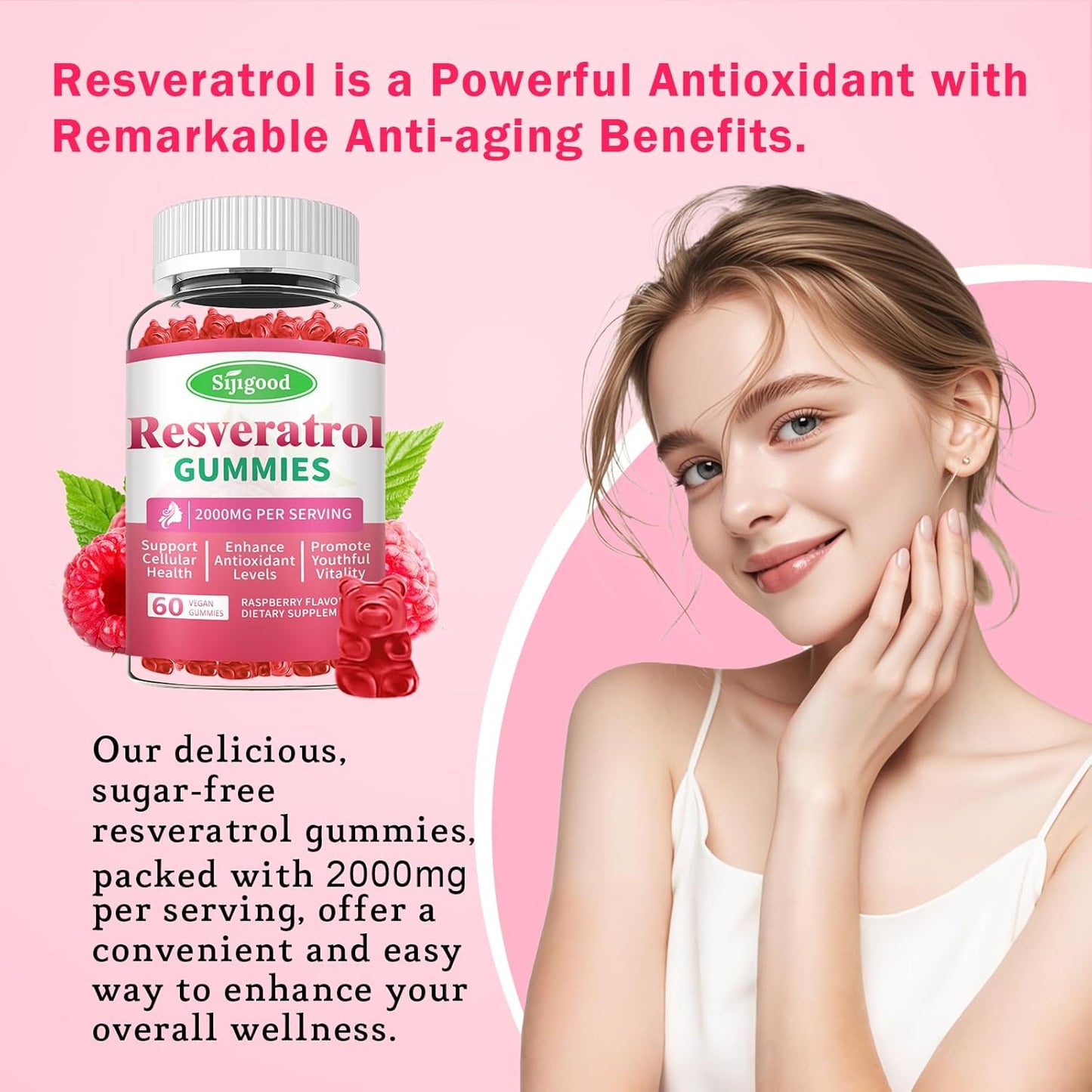 Women's Raspberry Flavored Resveratrol Gummies - Sugar Free, Vegan Antioxidant Supplement for Cellular Health and Vitality - 60 Count