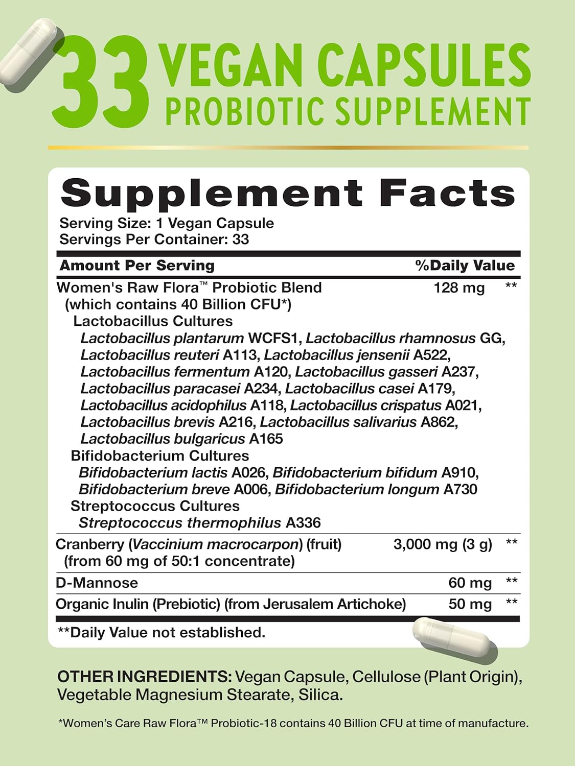 Women's Raw Flora Probiotics with Cranberry & D-Mannose - 40 Billion CFU - 33 Vegan Capsules - Vegan & Gluten-Free by Nature's Truth