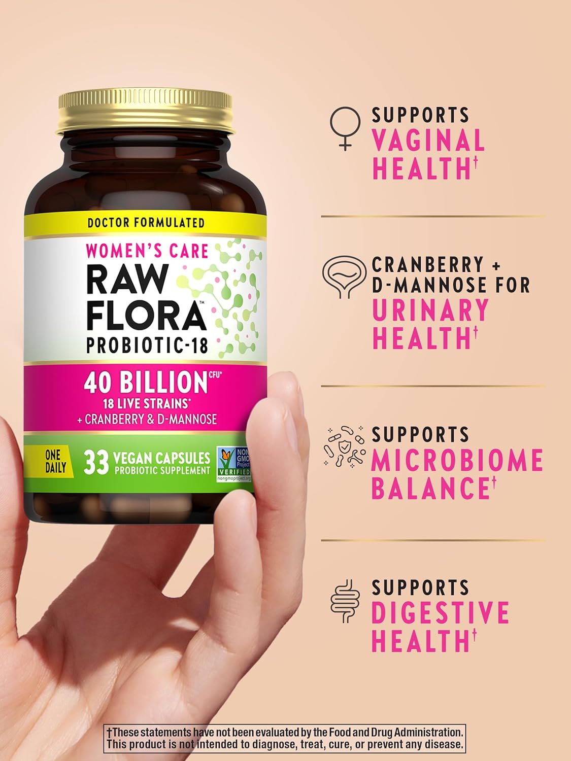 Women's Raw Flora Probiotics with Cranberry & D-Mannose - 40 Billion CFU - 33 Vegan Capsules - Vegan & Gluten-Free by Nature's Truth