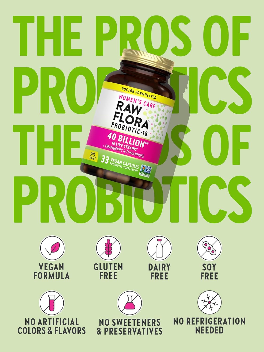 Women's Raw Flora Probiotics with Cranberry & D-Mannose - 40 Billion CFU - 33 Vegan Capsules - Vegan & Gluten-Free by Nature's Truth