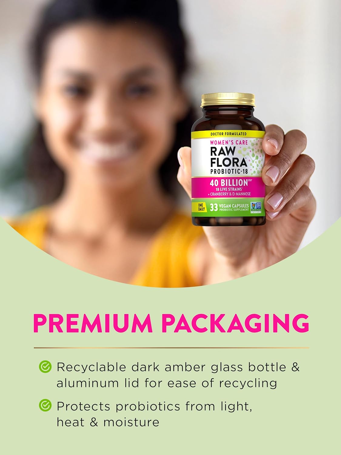 Women's Raw Flora Probiotics with Cranberry & D-Mannose - 40 Billion CFU - 33 Vegan Capsules - Vegan & Gluten-Free by Nature's Truth