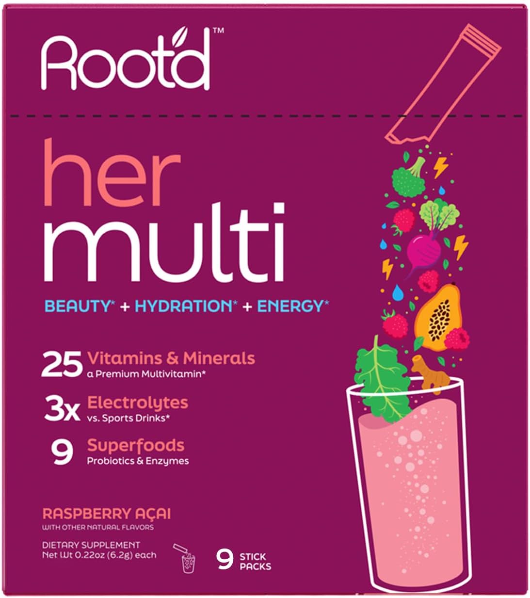 Women's Root'd Multivitamin Powder: 25 Vitamins, 3X Electrolytes, 9 Superfoods, Probiotics & Enzymes, Sugar-Free & Hydrating - 9 Drink Mix Packets