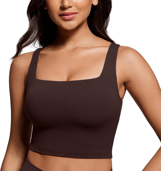 Women's Square Neck Longline Sports Bra - Padded Yoga Tank Top with Built-in Support
