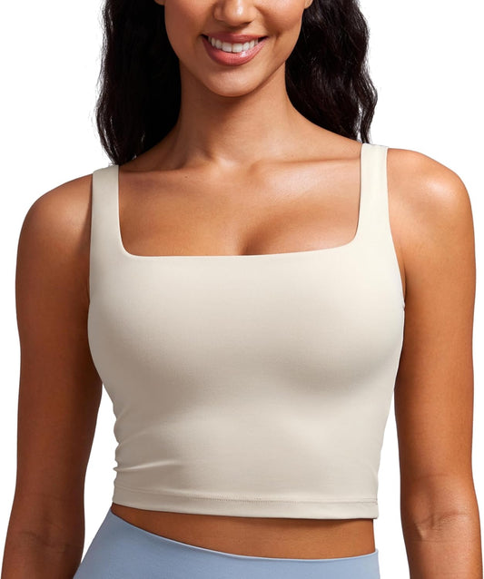 Women's Square Neck Longline Sports Bra with Butterluxe Fabric - Padded Workout Crop Tank Top for Yoga and Exercise