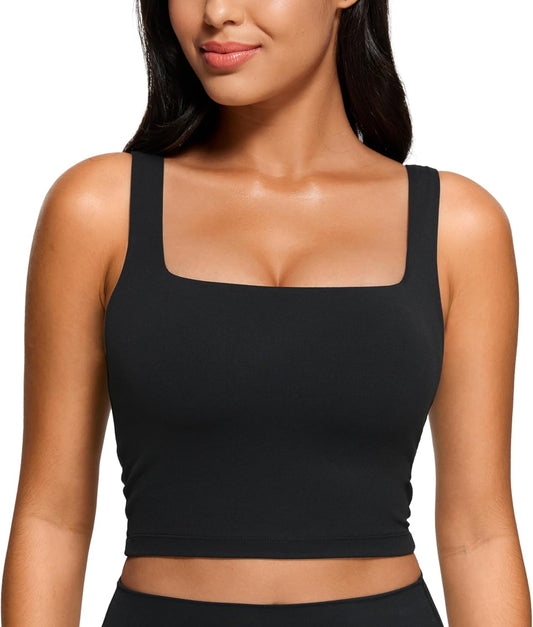 Women's Square Neck Longline Sports Bra with Padded Built-in Cups for Yoga and Workouts