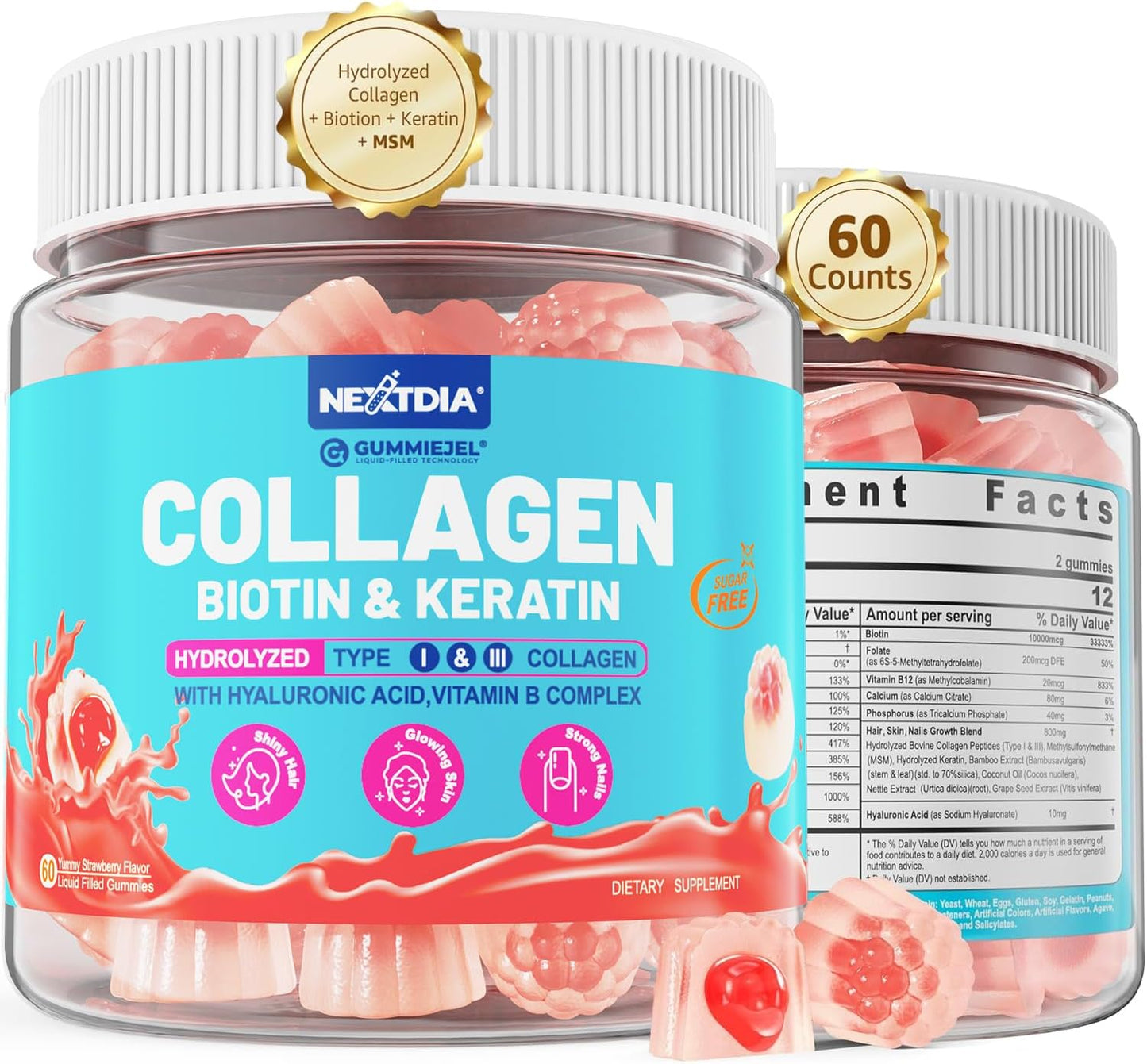 Women's Sugar-Free Biotin Gummies with Multi Collagen for Hair Skin Nails - 10000mcg Biotin, Hydrolyzed Collagen, Keratin, Hyaluronic Acid - Hair Growth Vitamins