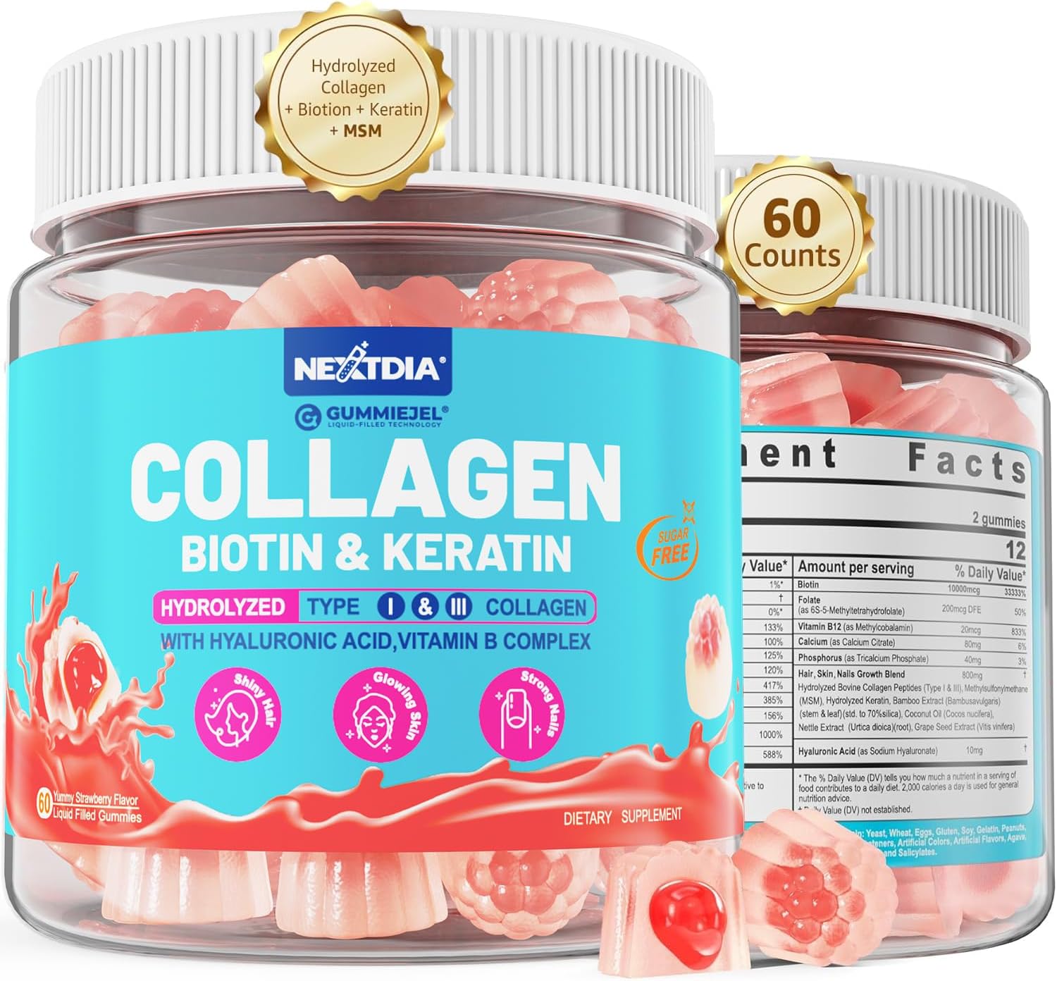 Women's Sugar-Free Biotin Gummies with Multi Collagen for Hair Skin Nails - 10000mcg Biotin, Hydrolyzed Collagen, Keratin, Hyaluronic Acid - Hair Growth Vitamins