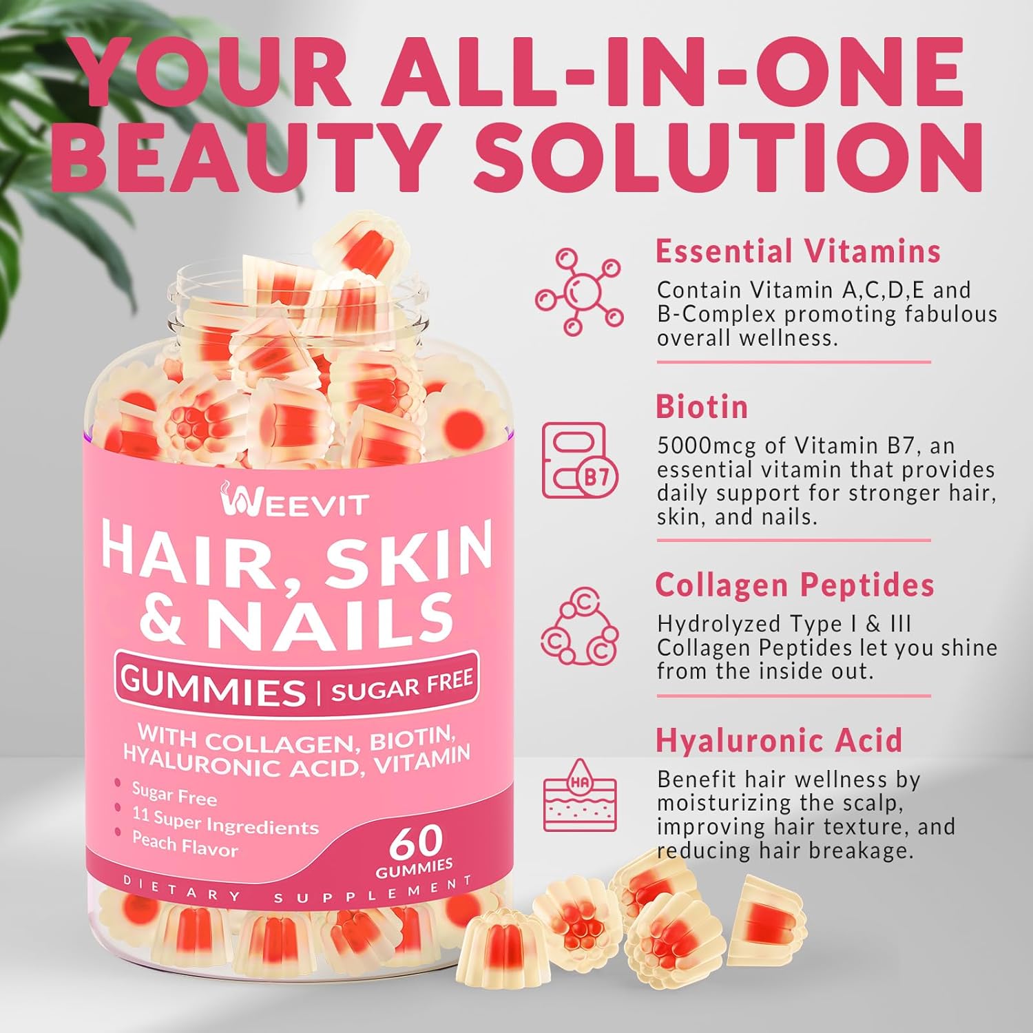 Women's Sugar-Free Hair, Skin, and Nails Vitamins with Biotin, Hyaluronic Acid, Collagen, and Vitamins E&C for Growth and Radiance. - BoostGo Australia