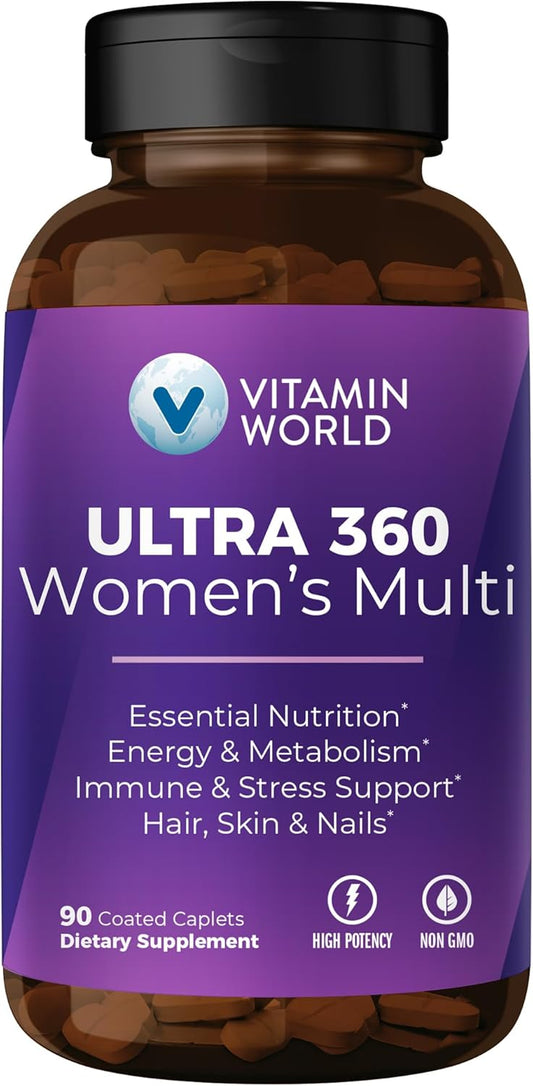 Women's Ultra 360 Multivitamin with Herbs, Collagen, Iron & Vitamins A, B, C, D, E - 90 Caplets for Energy & Immune Support