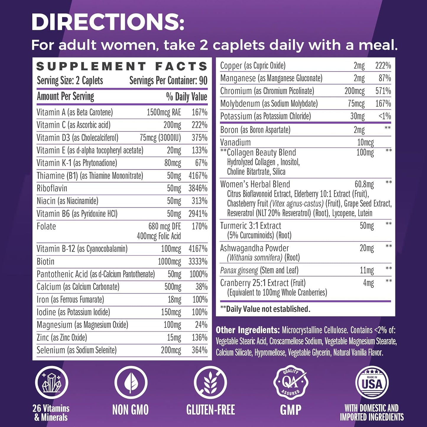 Women's Ultra 360 Multivitamin with Herbs, Collagen, Iron, Vitamins A, B, C, D, E for Energy, Immune Support - 180 Caplets