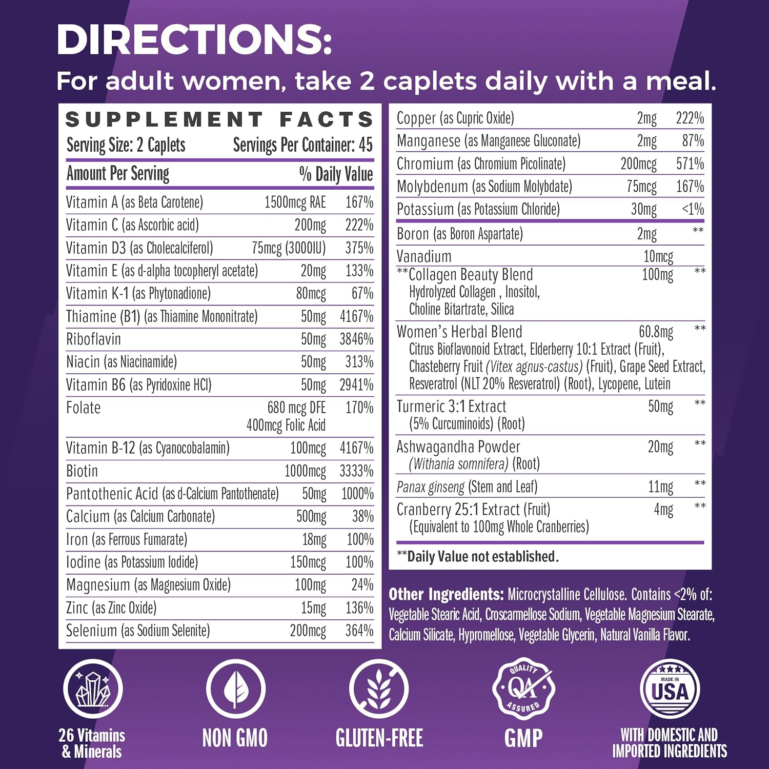 Women's Ultra 360 Multivitamin with Herbs, Collagen, Iron & Vitamins A, B, C, D, E - 90 Caplets for Energy & Immune Support