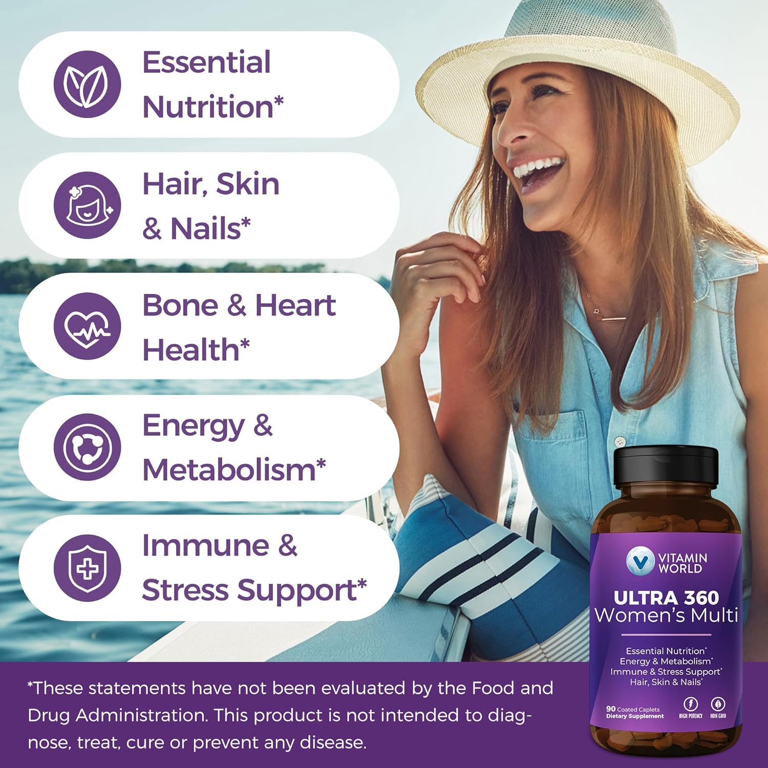 Women's Ultra 360 Multivitamin with Herbs, Collagen, Iron & Vitamins A, B, C, D, E - 90 Caplets for Energy & Immune Support