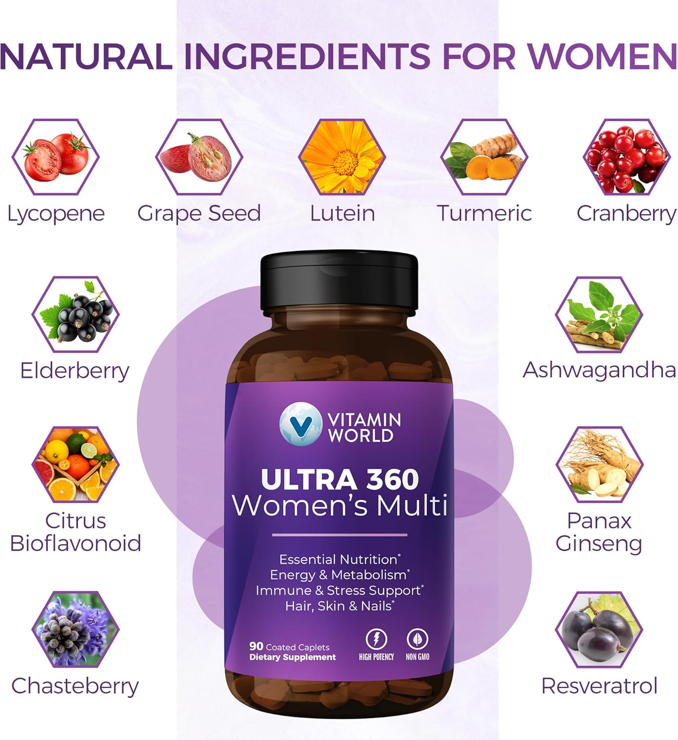 Women's Ultra 360 Multivitamin with Herbs, Collagen, Iron & Vitamins A, B, C, D, E - 90 Caplets for Energy & Immune Support