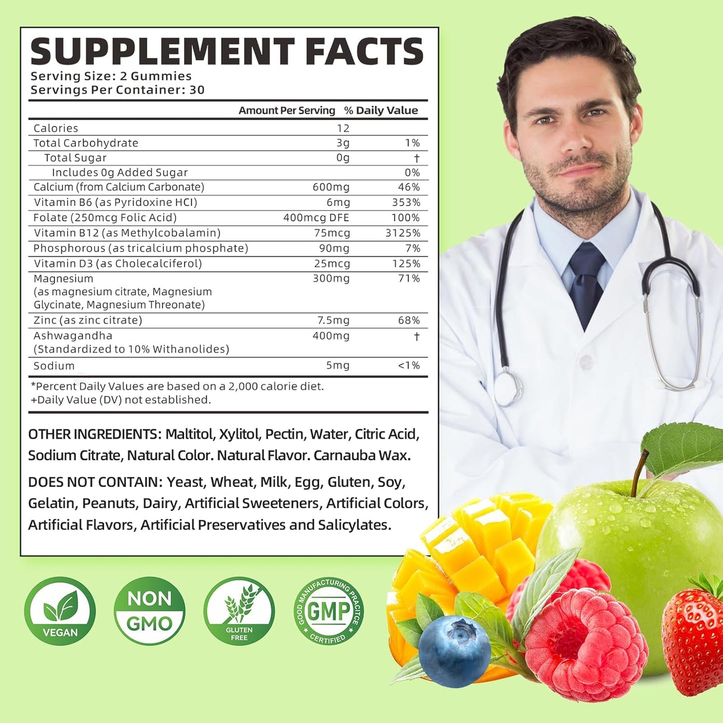Women's Vegan Calcium Magnesium Zinc Gummies with Vitamin D3 - 600mg Calcium for Bone Strength - Mixed Fruit Flavor - 120 Chewables