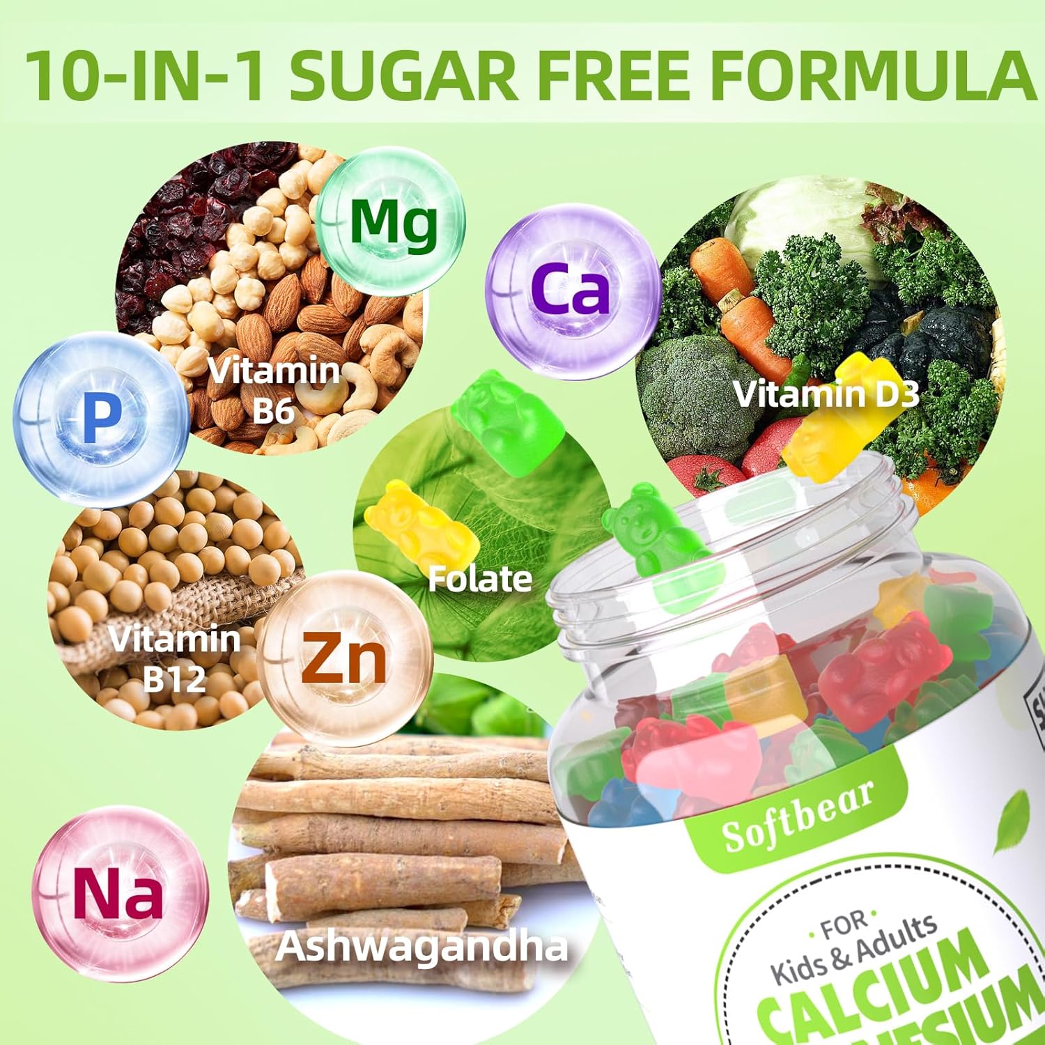 Women's Vegan Calcium Magnesium Zinc Gummies with Vitamin D3 - 600mg Calcium for Bone Strength - Mixed Fruit Flavor - 120 Chewables