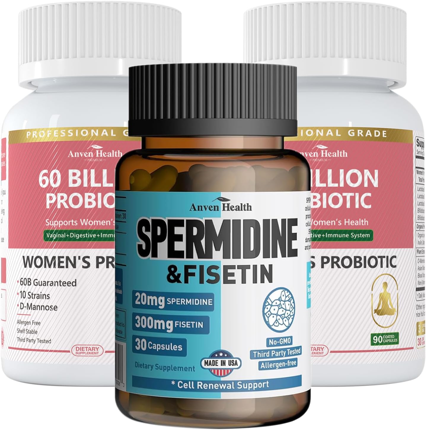 Women's Wellness Bundle: 2 Probiotic Bottles + Spermidine & Fisetin - Digestive Health, Cellular Renewal, & Anti-Aging