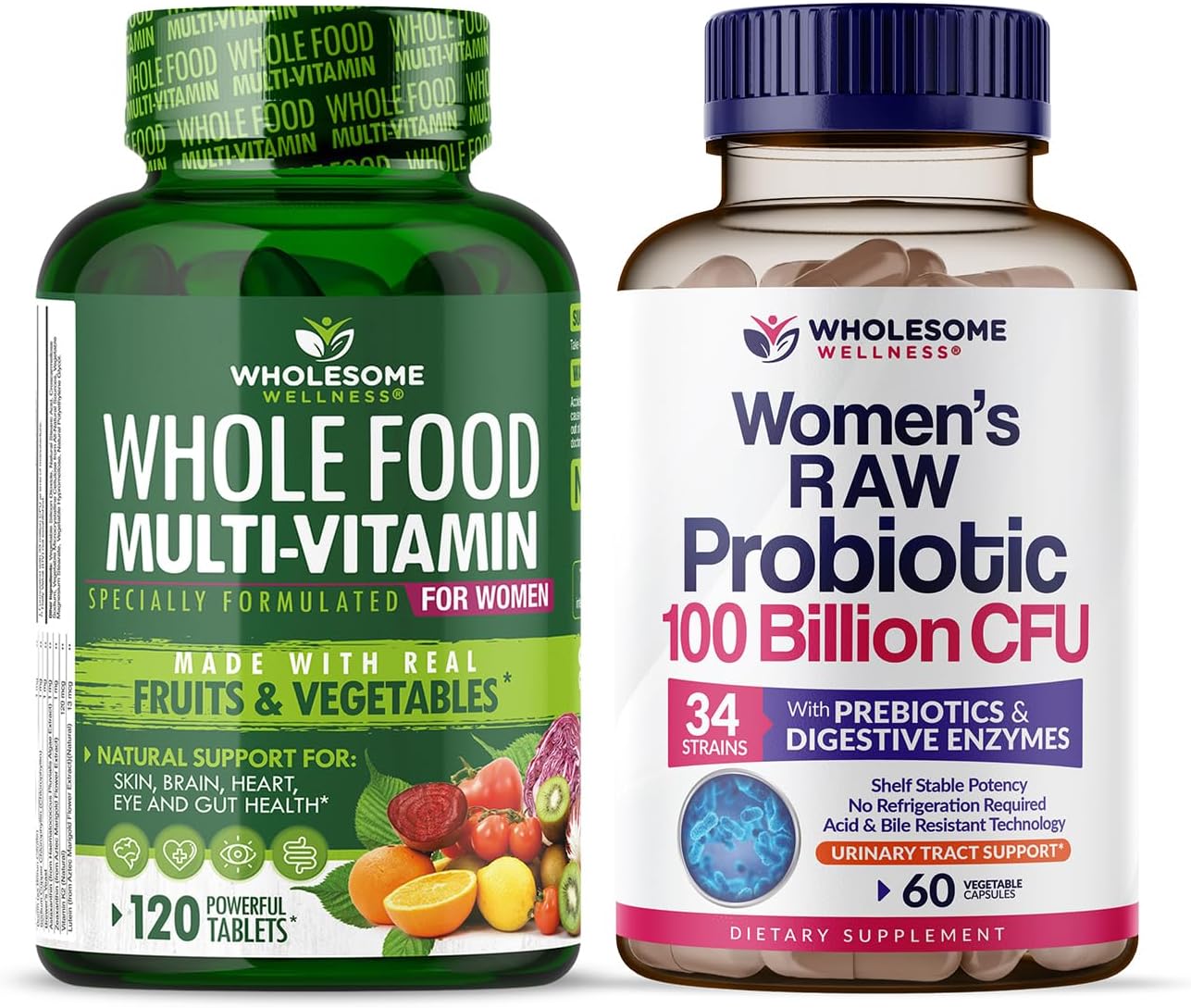 Women's Whole Food Multivitamin Bundle with Raw Probiotics - Natural Vitamins, Minerals, Organic Extracts, Prebiotics - 100 Billion CFUs