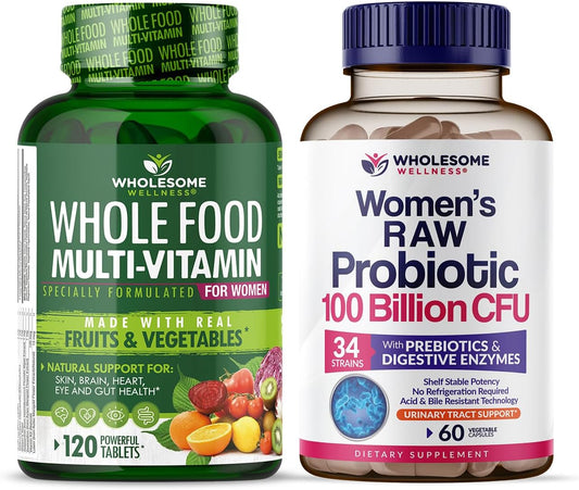 Women's Whole Food Multivitamin Bundle with Raw Probiotics - Natural Vitamins, Minerals, Organic Extracts, Prebiotics - 100 Billion CFUs