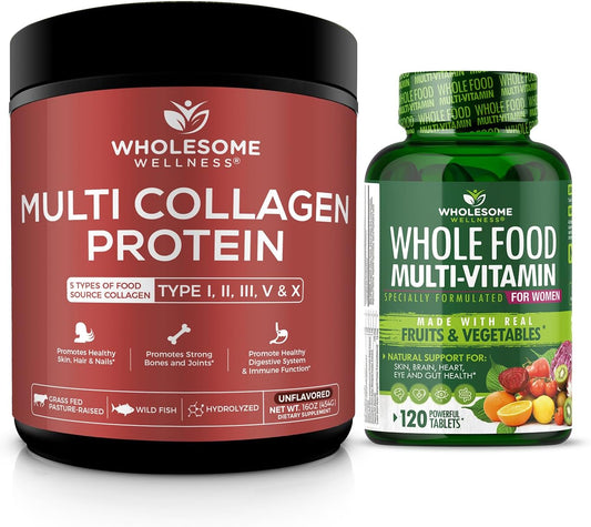Women's Whole Food Multivitamin & Multi Collagen Protein Bundle - Types I, II, III, V, X - Promotes Overall Wellness & Beauty