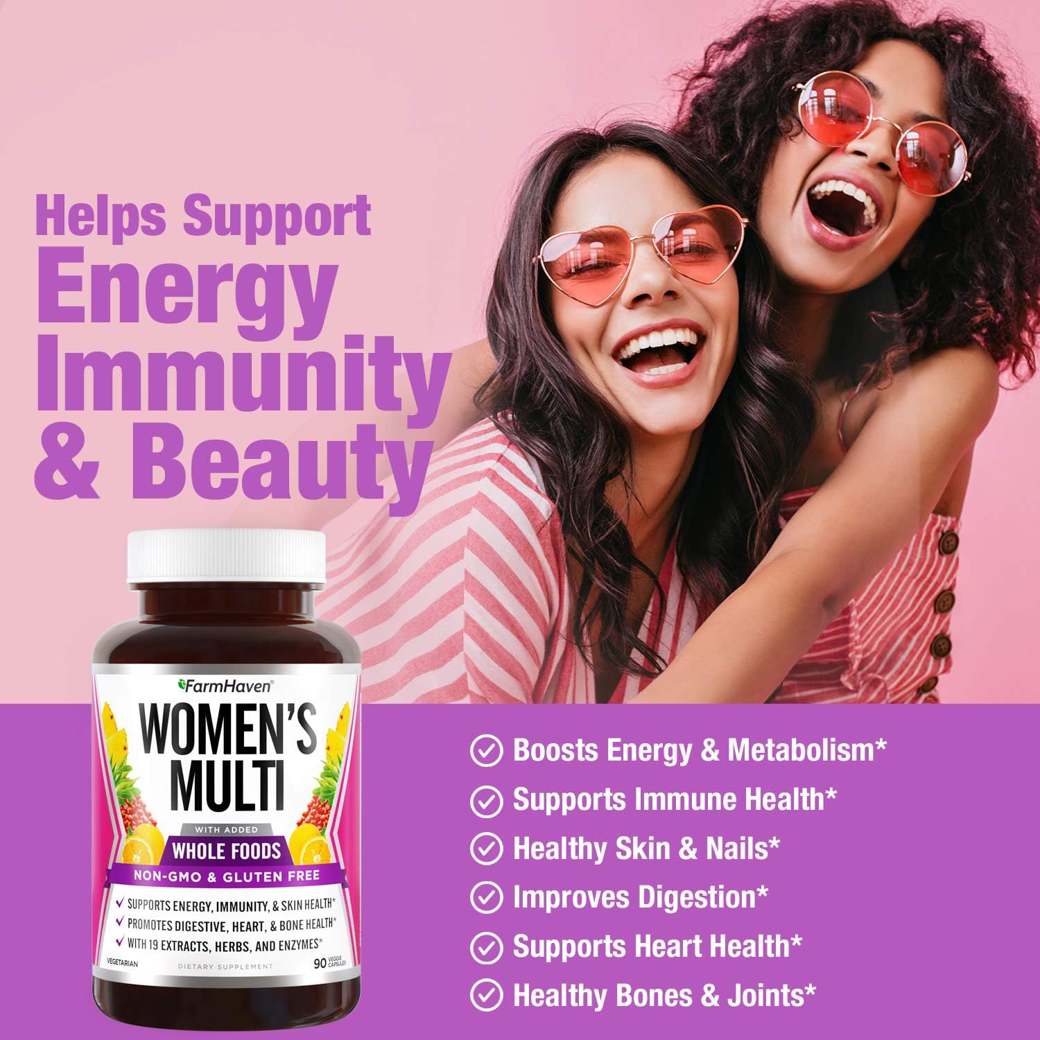 Women's Whole Food Multivitamin with 22 Essential Nutrients - Boosts Energy, Immune & Heart Health - 90 Capsules