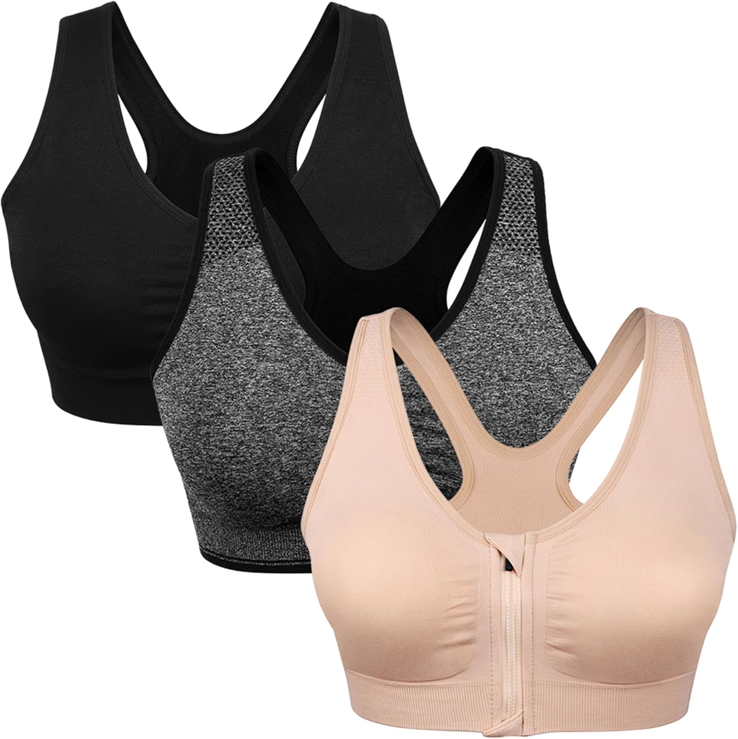 Women's Wireless Zip Front Post-Surgery Sports Bra for Yoga and Active Wear by WANAYOU