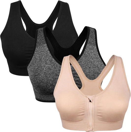 Women's Wireless Zip Front Post-Surgery Sports Bra for Yoga and Active Wear by WANAYOU