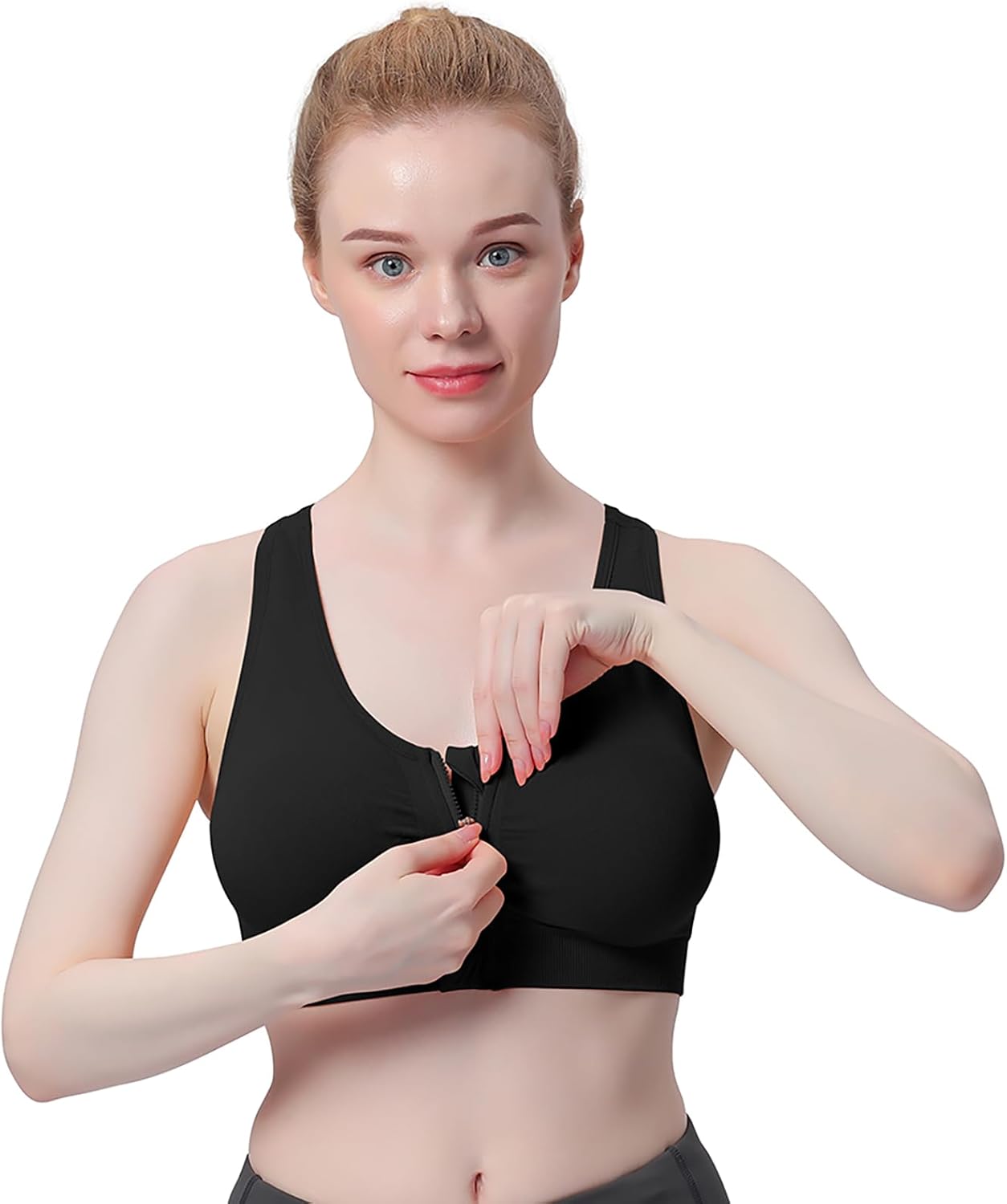 Women's Wireless Zip Front Post-Surgery Sports Bra for Yoga and Active Wear by WANAYOU