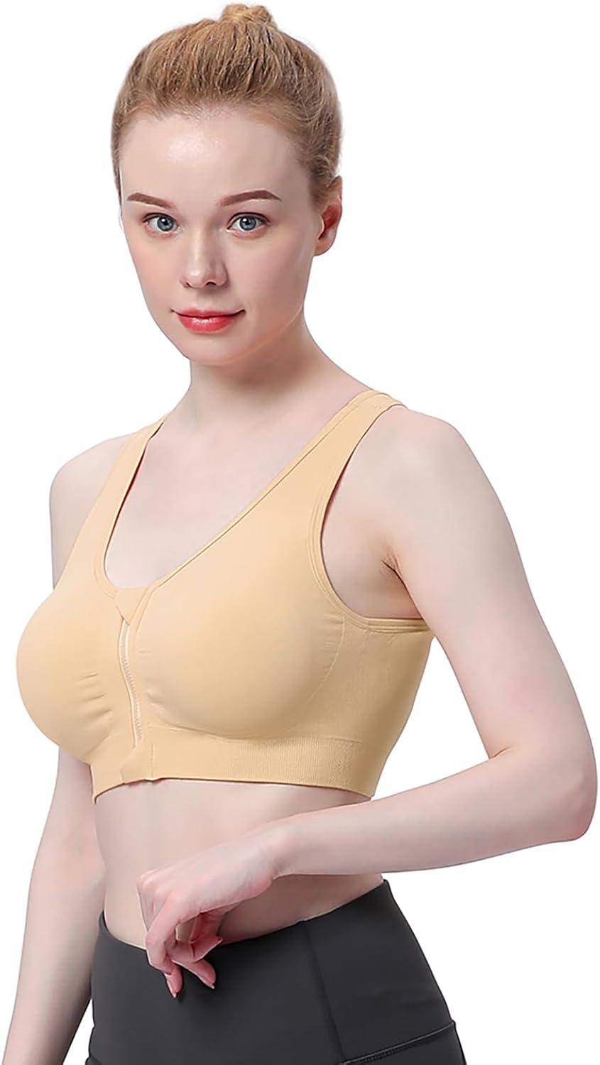 Women's Wireless Zip Front Post-Surgery Sports Bra for Yoga and Active Wear by WANAYOU