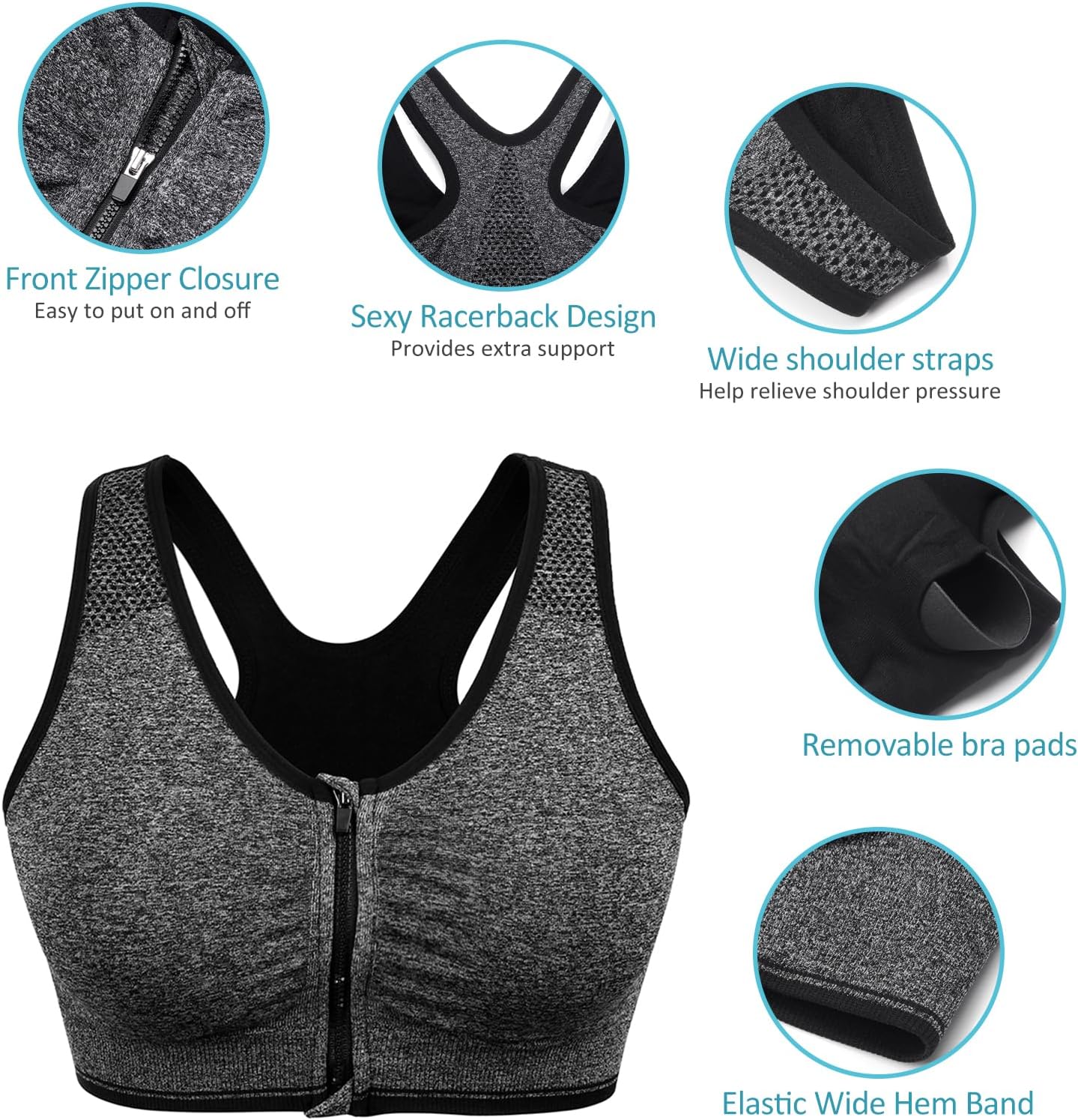 Women's Wireless Zip Front Post-Surgery Sports Bra for Yoga and Active Wear by WANAYOU