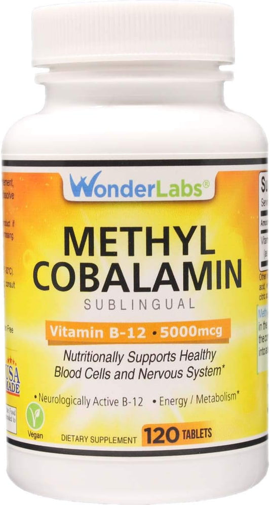 Wonder Laboratories High Potency Methylcobalamin Vitamin B-12 Sublingual 5,000mcg - 120 Tablets, 3rd Party Tested for Purity
