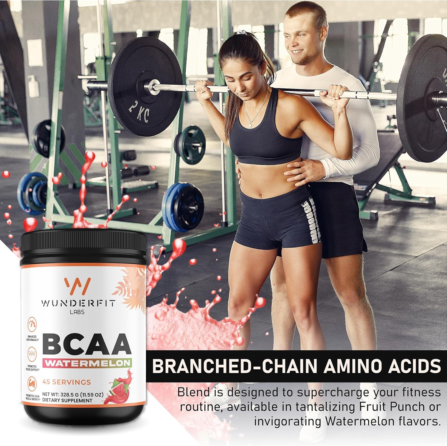 Wunderfit Labs Watermelon BCAA Powder - 45 Servings, High-Quality Amino Acids
