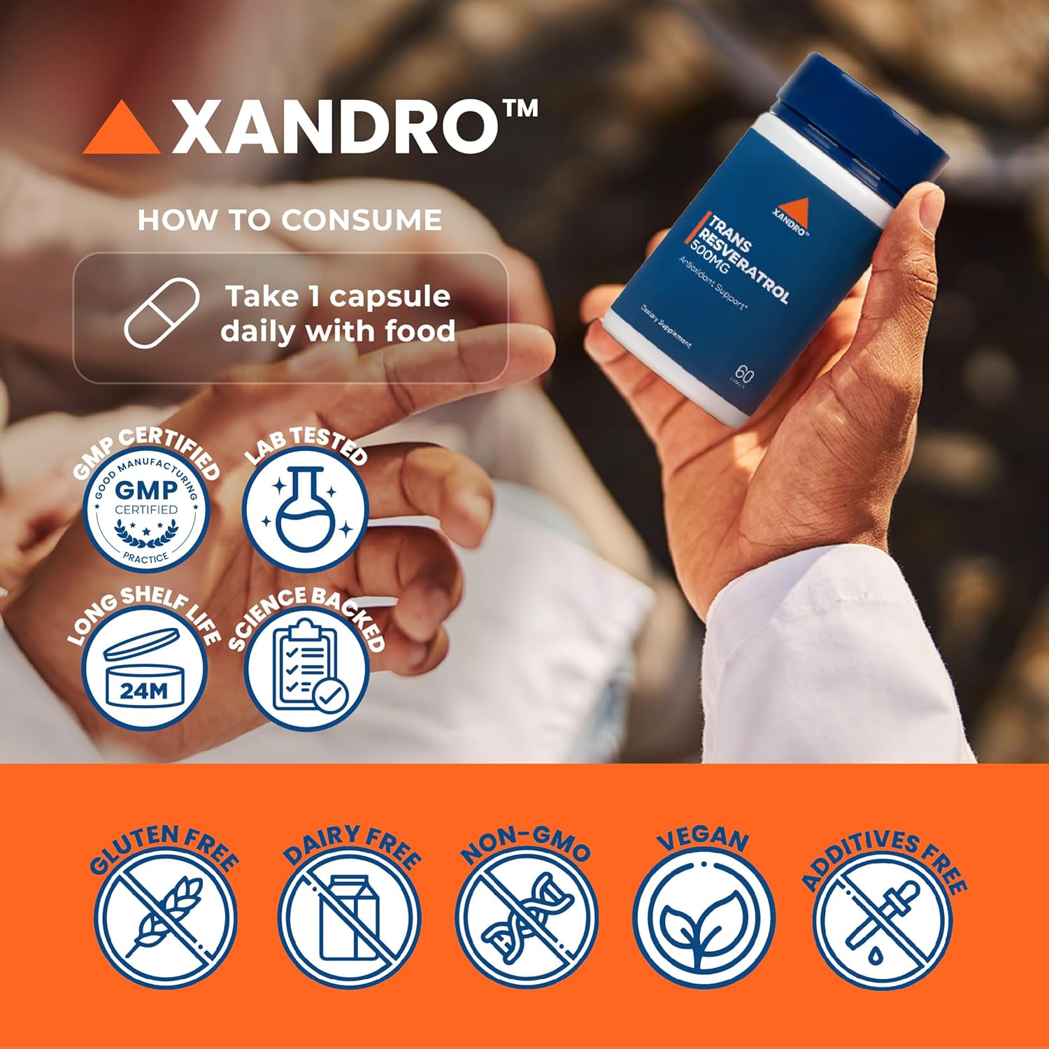 XANDRO Trans Resveratrol 500mg Capsules - Vegan Antioxidant Support Lab Tested - 60 Count