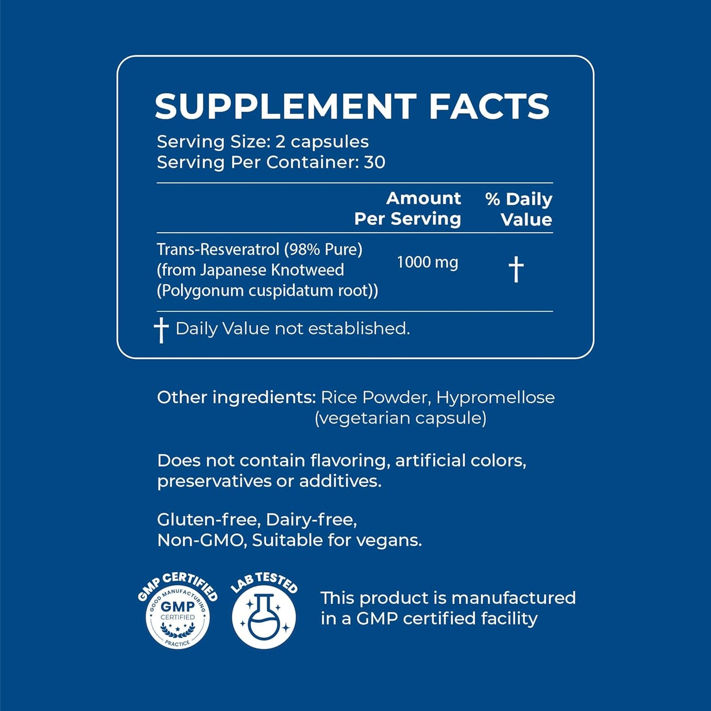 XANDRO Trans Resveratrol 500mg Capsules - Vegan Antioxidant Support Lab Tested - 60 Count