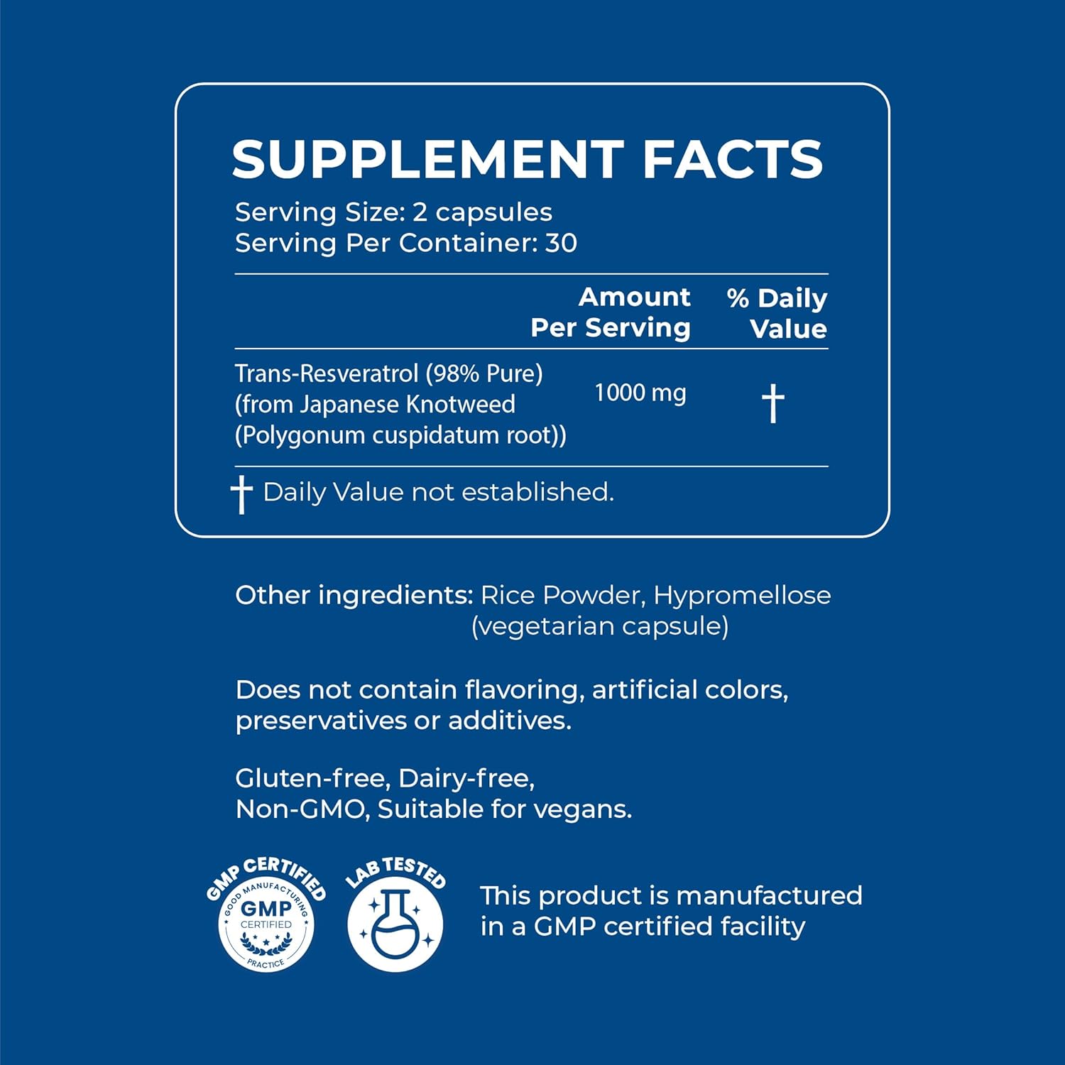 XANDRO Trans Resveratrol 500mg Capsules - Vegan Antioxidant Support Lab Tested - 60 Count
