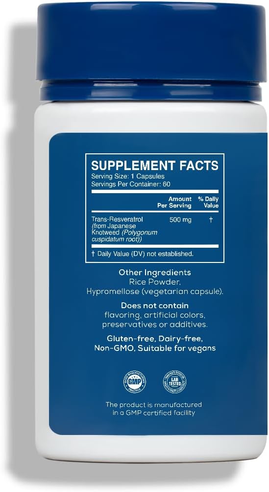XANDRO Trans Resveratrol 500mg Capsules - Vegan Antioxidant Support Lab Tested - 60 Count