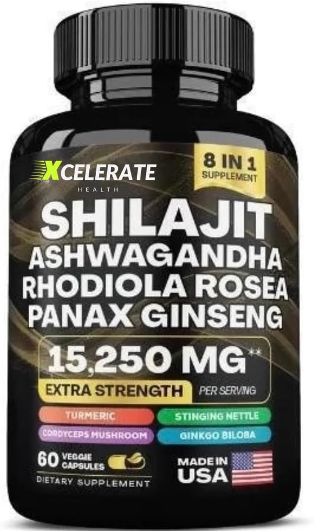 Xcelerate Health Holistic Harmony Shilajit & Ashwagandha Blend Capsules with Ginseng, Cordyceps, Turmeric, Stinging Nettle & Rhodiola Rosea - Energy, Stress Relief & Wellness Supplement - 60 Count