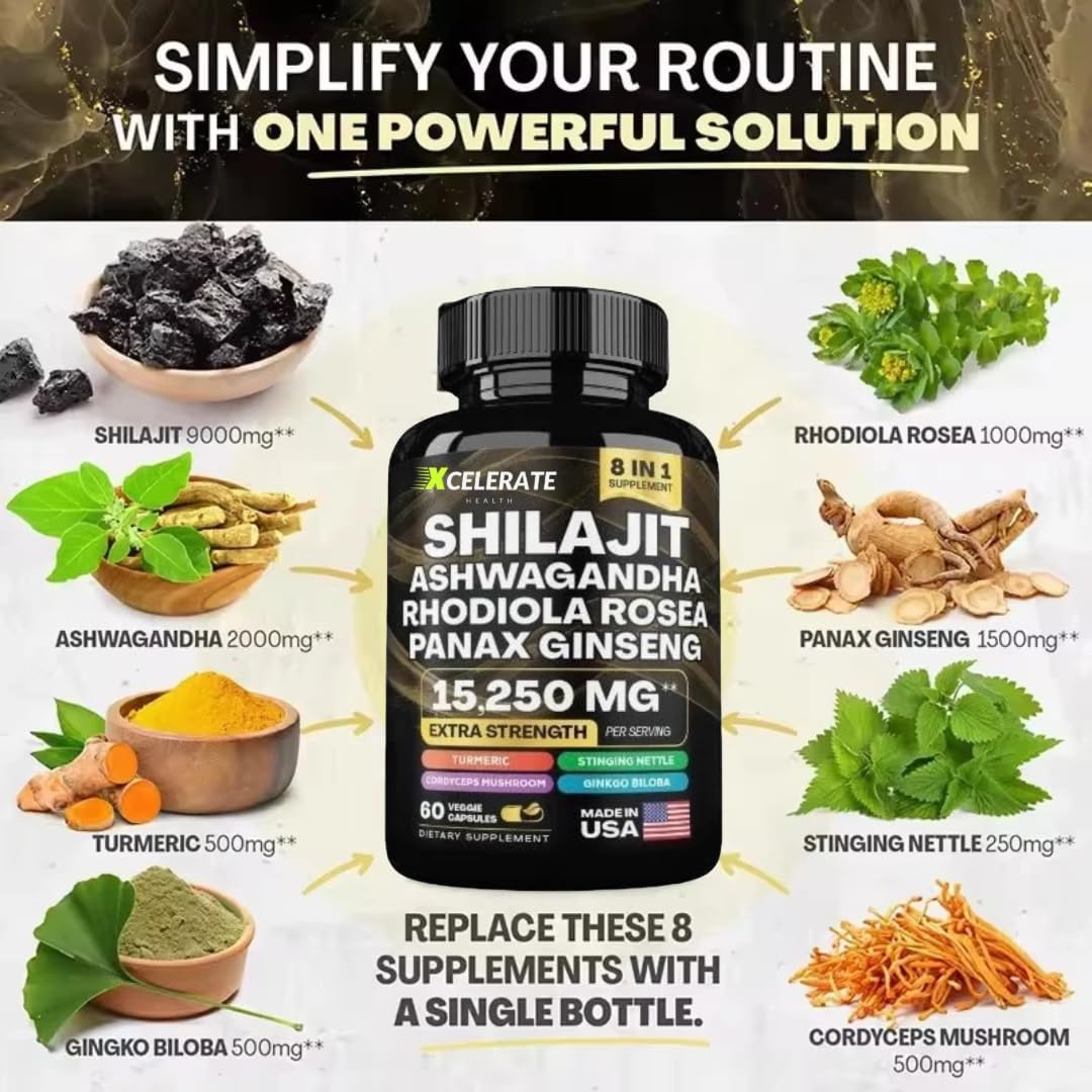 Xcelerate Health Holistic Harmony Shilajit & Ashwagandha Blend Capsules with Ginseng, Cordyceps, Turmeric, Stinging Nettle & Rhodiola Rosea - Energy, Stress Relief & Wellness Supplement - 60 Count