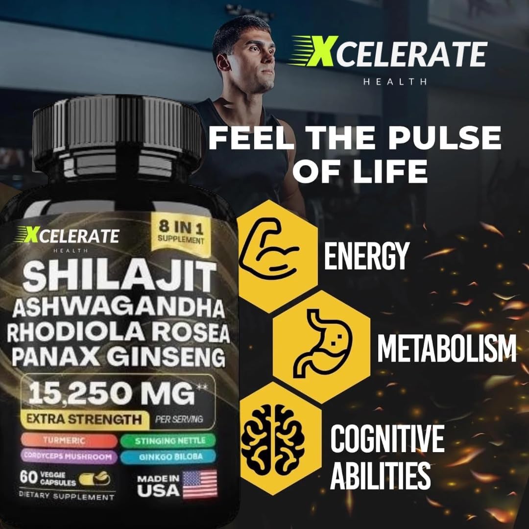 Xcelerate Health Holistic Harmony Shilajit & Ashwagandha Blend Capsules with Ginseng, Cordyceps, Turmeric, Stinging Nettle & Rhodiola Rosea - Energy, Stress Relief & Wellness Supplement - 60 Count