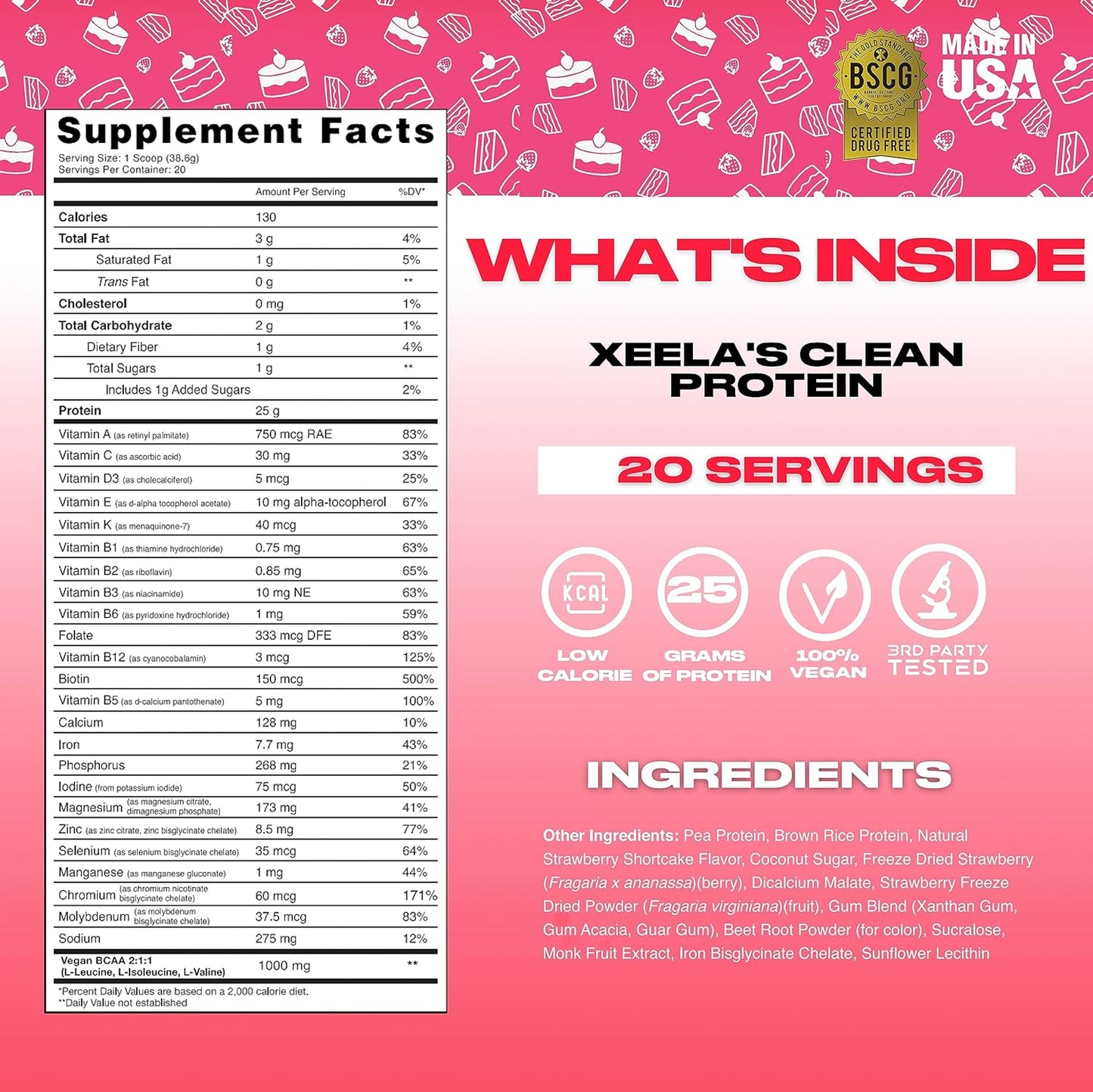 XEELA Strawberry Cake Plant Based Vegan Protein Powder - 25g High Protein Pea Protein for Men & Women - Vitamins & Minerals, Non GMO, Dairy & Gluten Free, Low Carb & Low Fat - Independently Tested