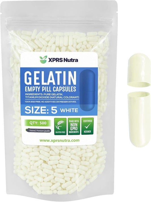 XPRS Nutra Size 5 Gelatin Capsules - 500 Count Small Empty Capsules for DIY Filling - White Fillable Pill Capsules