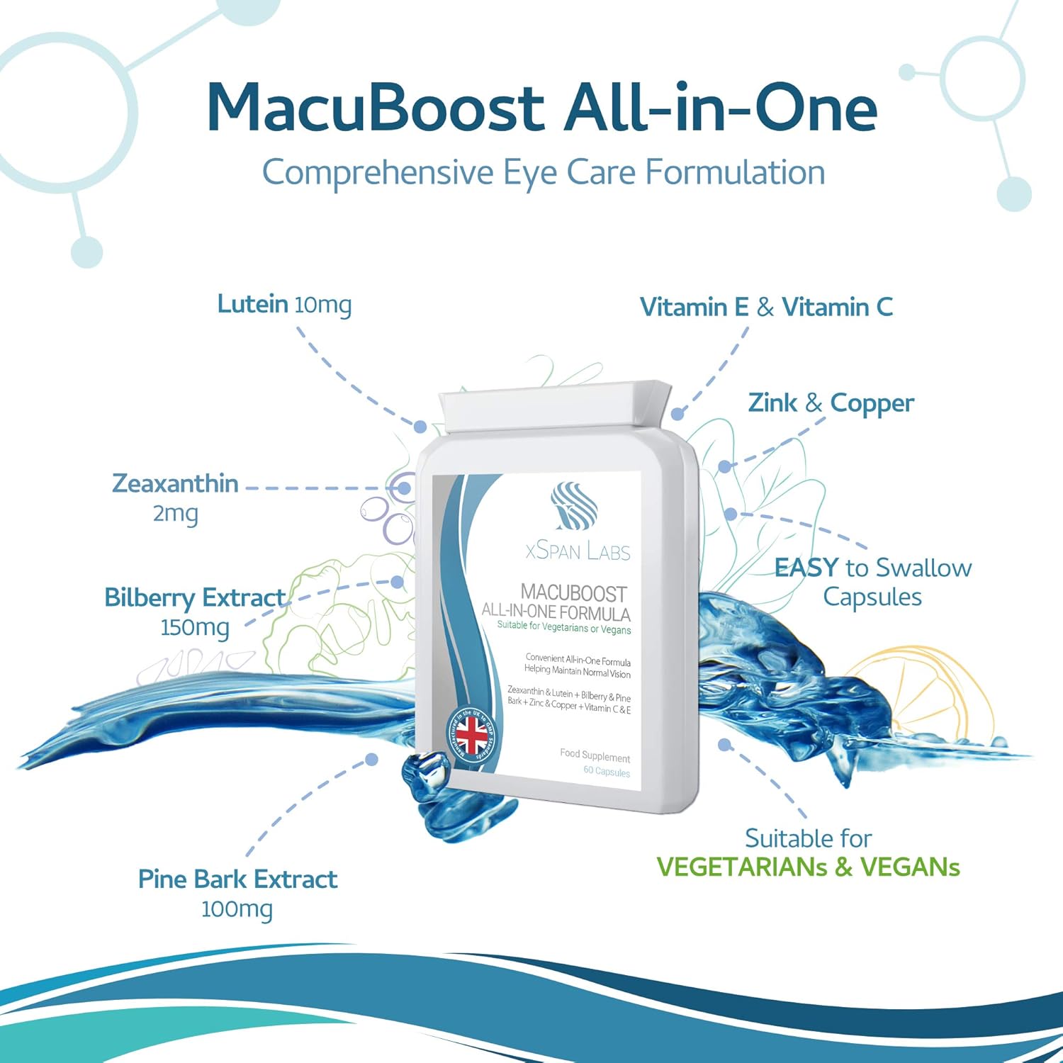 Xspan Labs MacuBoost All-in-ONE AREDS 2 Plus Formula - 60 Days Supply with Lutein, Zeaxanthin, Bilberry, and Pine Bark for Eyes and Macular Health