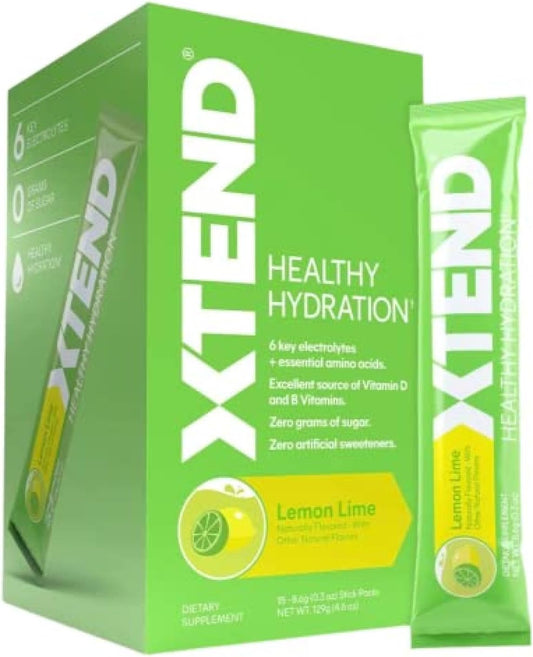Xtend Healthy Hydration Lemon Lime Powder Packets - Zero Sugar Drink Mix with 6 Electrolytes & Amino Acids - NSF Certified - 15 Sticks