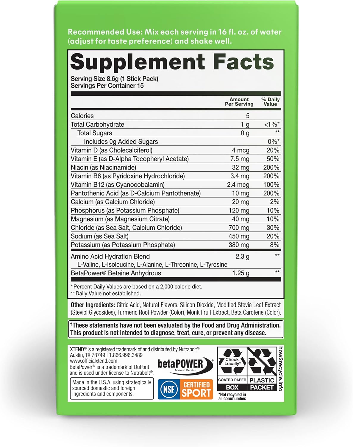 Xtend Healthy Hydration Lemon Lime Powder Packets - Zero Sugar Drink Mix with 6 Electrolytes & Amino Acids - NSF Certified - 15 Sticks