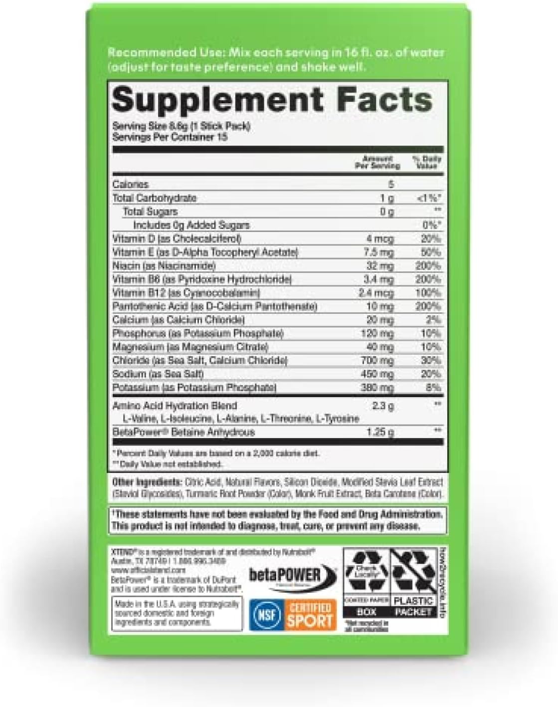 Xtend Healthy Hydration Lemon Lime Powder Packets - Zero Sugar Drink Mix with 6 Electrolytes & Amino Acids - NSF Certified - 15 Sticks