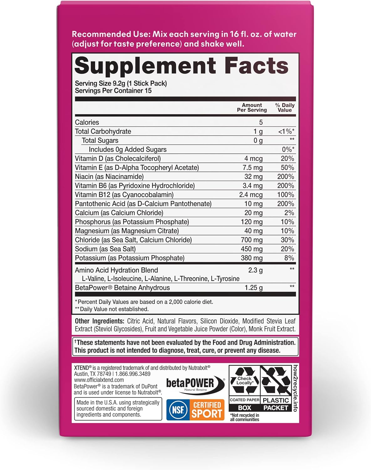 XTEND Raspberry Lemonade Hydration Powder Packets | Sugar-Free Electrolyte Drink Mix | Amino Acids | NSF Certified Sport | 15 Sticks