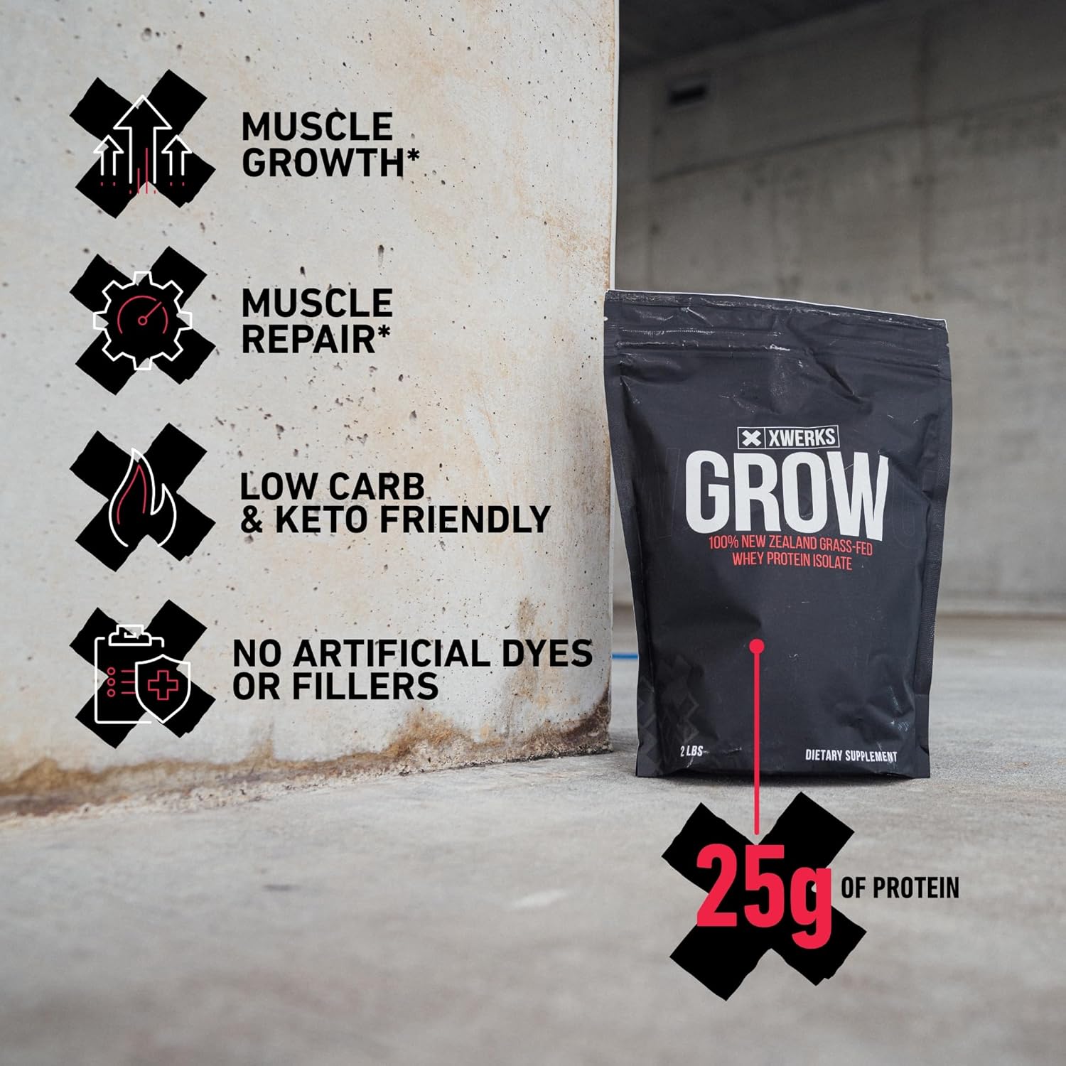 Xwerks Grow Strawberry Grass-Fed Whey Protein Isolate Powder - 25g Protein (30 Servings) Paleo, Keto, Soy & Gluten-Free