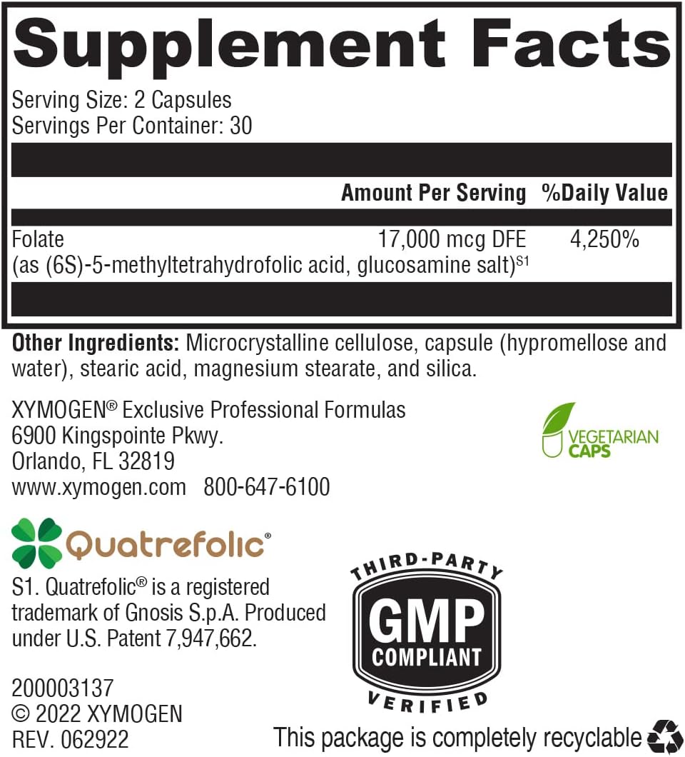 XYMOGEN 5-MTHF ES - High Potency Bioactive Folate Supplement with Quatrefolic - Supports Mood, Cardiovascular Health, and Methylation - L Methylfolate - 60 Capsules - BoostGo Australia