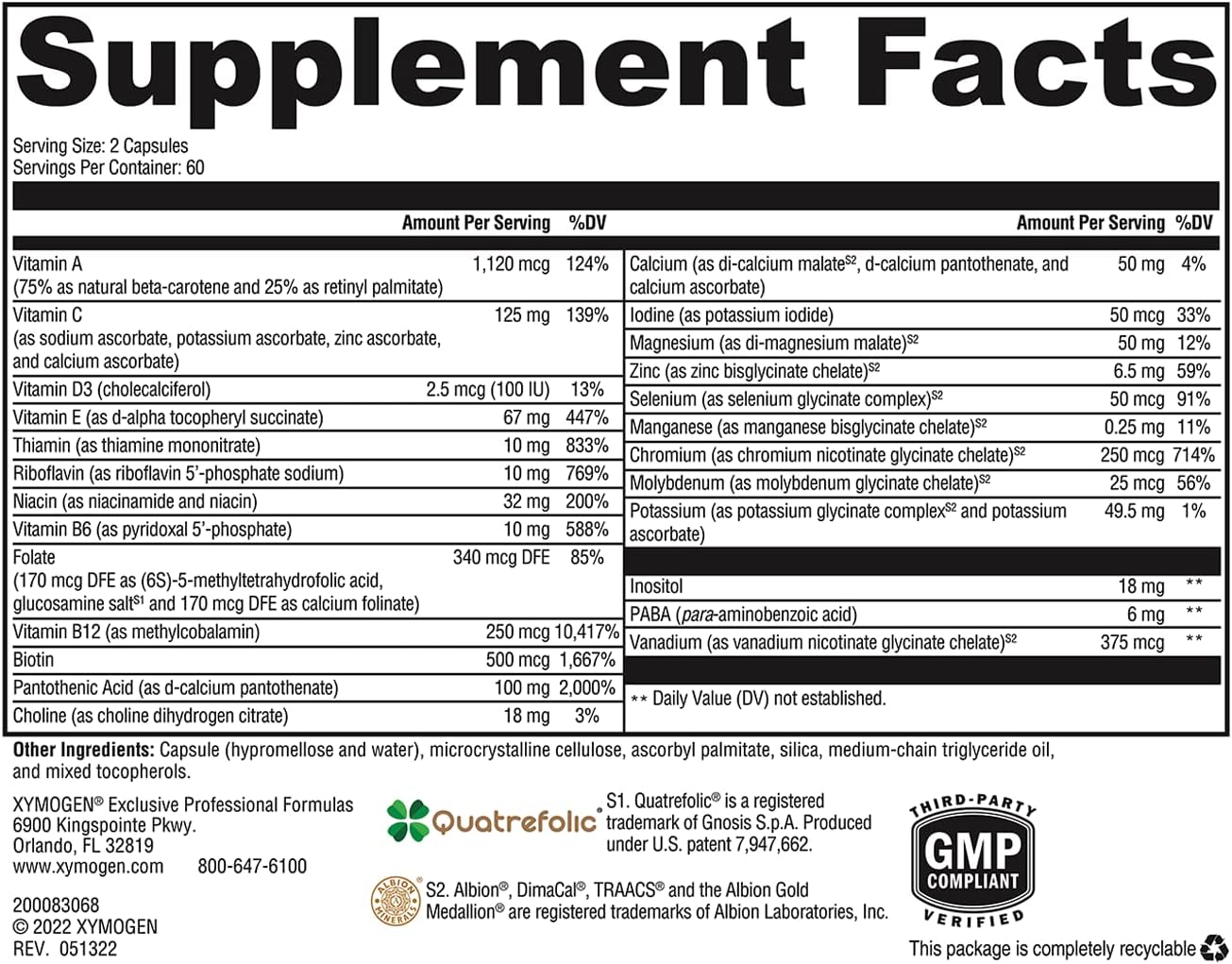 XYMOGEN ActivNutrients - Copper & Iron-Free Multimineral Multivitamin with Folate, B12, Zinc, Vitamin C, Beta Carotene, Selenium - Daily Supplement for Men and Women (120 Capsules)